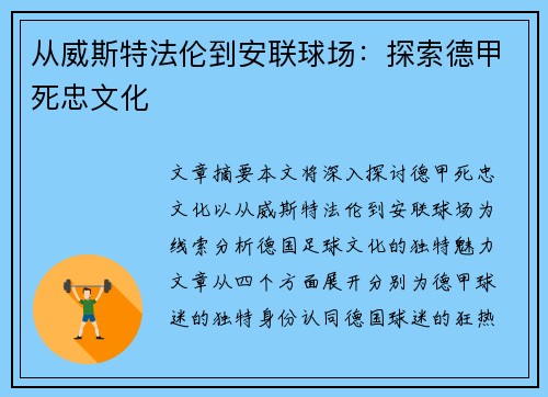 从威斯特法伦到安联球场：探索德甲死忠文化