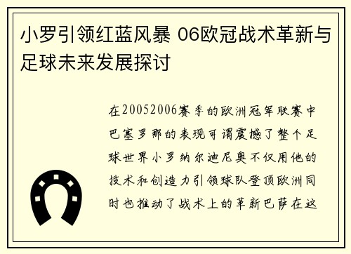 小罗引领红蓝风暴 06欧冠战术革新与足球未来发展探讨