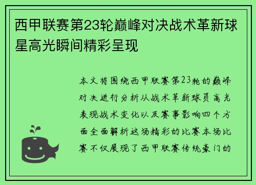 西甲联赛第23轮巅峰对决战术革新球星高光瞬间精彩呈现