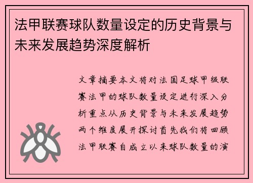 法甲联赛球队数量设定的历史背景与未来发展趋势深度解析
