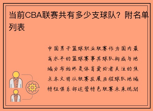 当前CBA联赛共有多少支球队？附名单列表