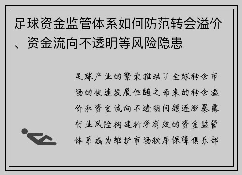 足球资金监管体系如何防范转会溢价、资金流向不透明等风险隐患